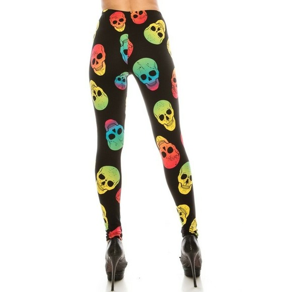 Reg‎ One Size Buttery Soft Black Yellow and Red Sugar Skull Leggings - Picture 6 of 6